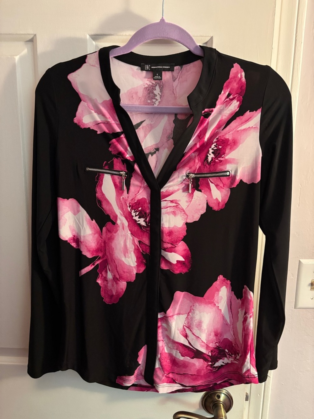 INC International Concepts Black Blouse with Pink Floral Print and Zip Accents
